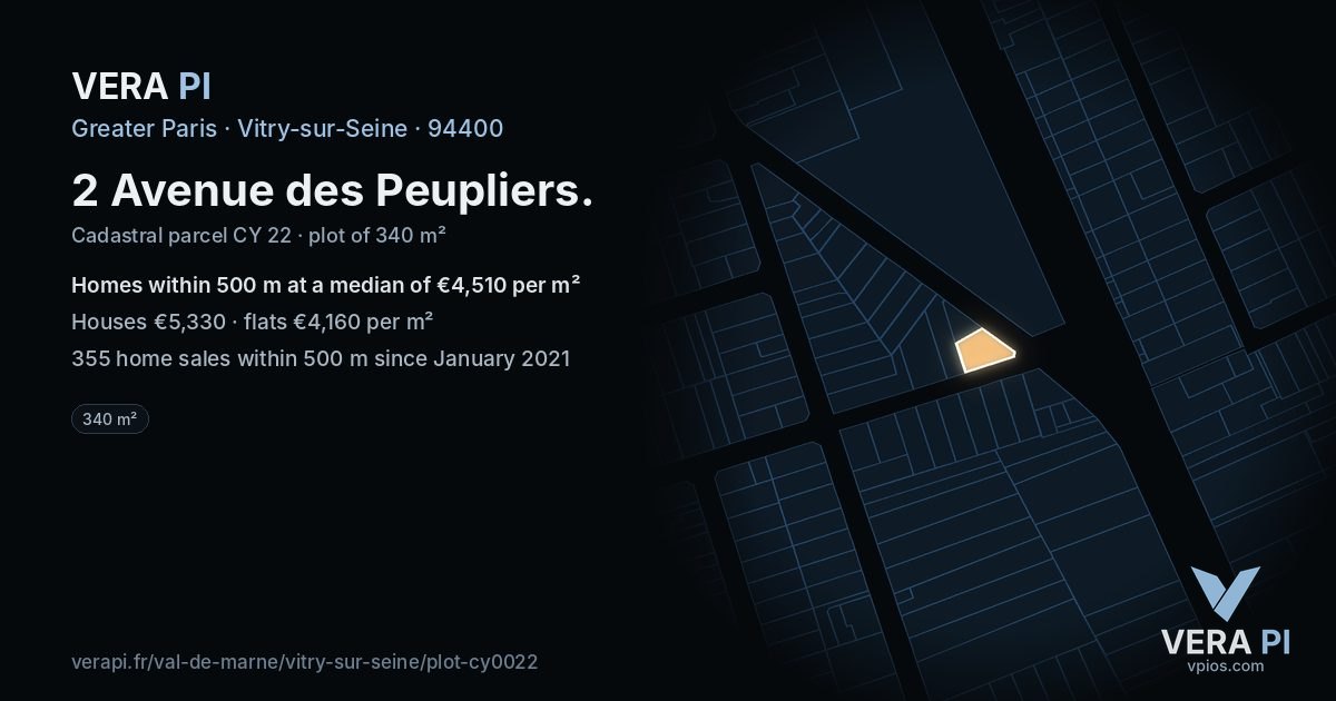 2 Avenue des Peupliers, Vitry-sur-Seine at night – the plot lit, the parcels around coloured by the prices near them