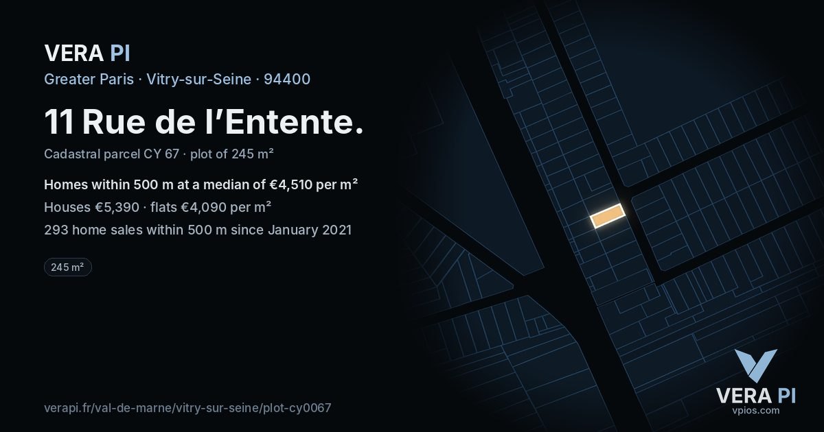 11 Rue de l’Entente, Vitry-sur-Seine at night – the plot lit, the parcels around coloured by the prices near them