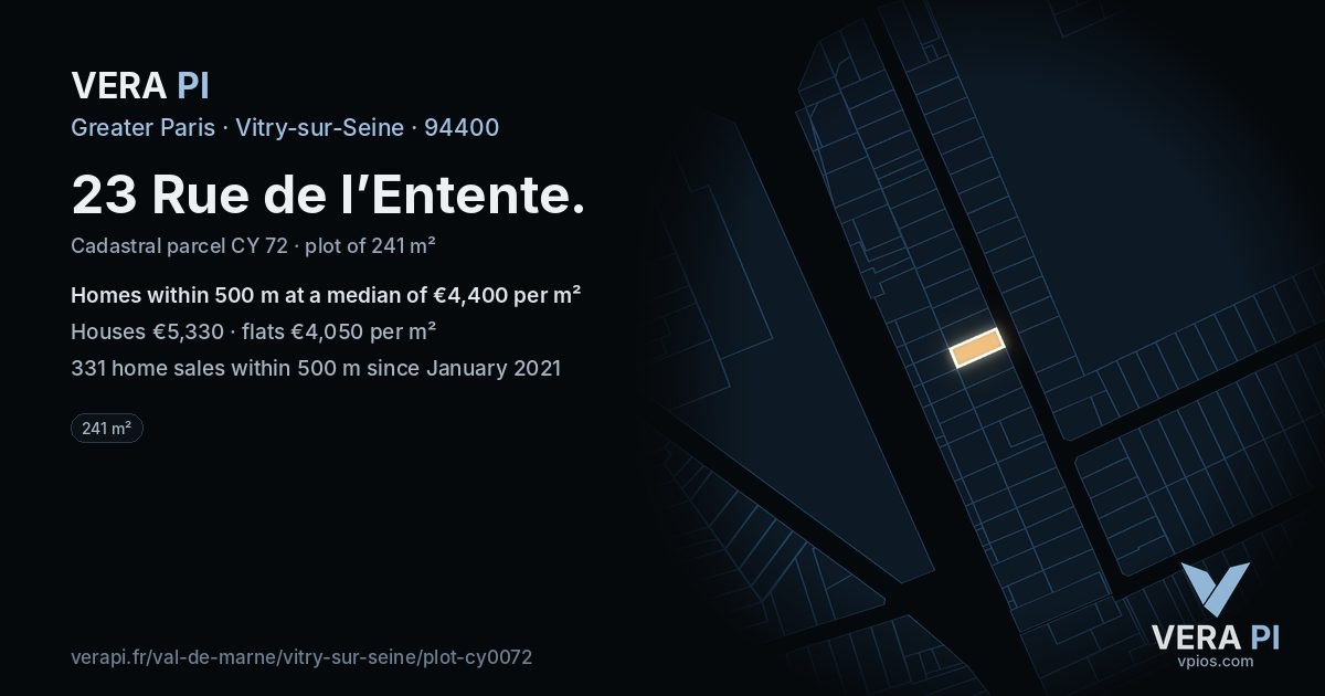 23 Rue de l’Entente, Vitry-sur-Seine at night – the plot lit, the parcels around coloured by the prices near them