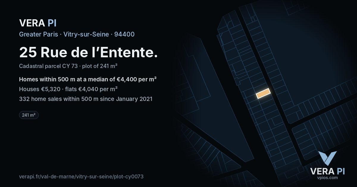 25 Rue de l’Entente, Vitry-sur-Seine at night – the plot lit, the parcels around coloured by the prices near them