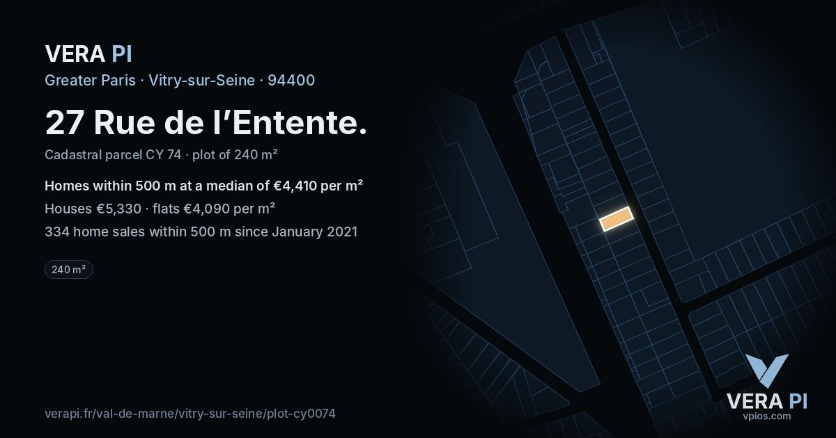 27 Rue de l’Entente, Vitry-sur-Seine at night – the plot lit, the parcels around coloured by the prices near them