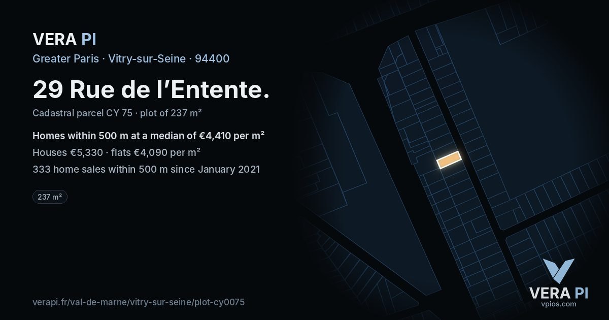 29 Rue de l’Entente, Vitry-sur-Seine at night – the plot lit, the parcels around coloured by the prices near them