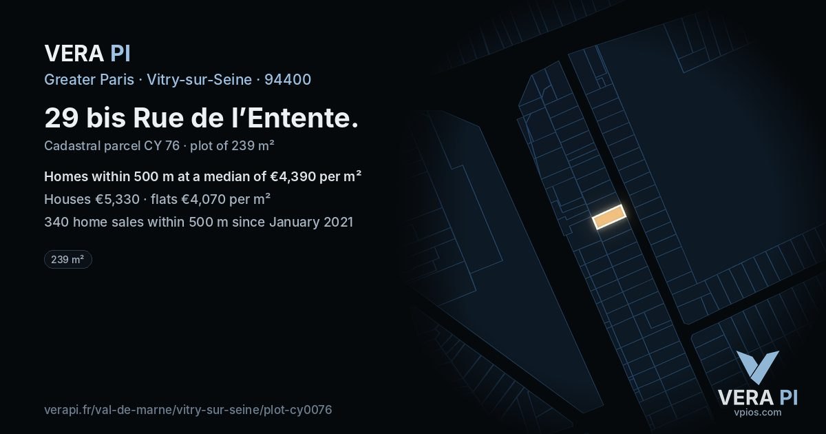 29 bis Rue de l’Entente, Vitry-sur-Seine at night – the plot lit, the parcels around coloured by the prices near them