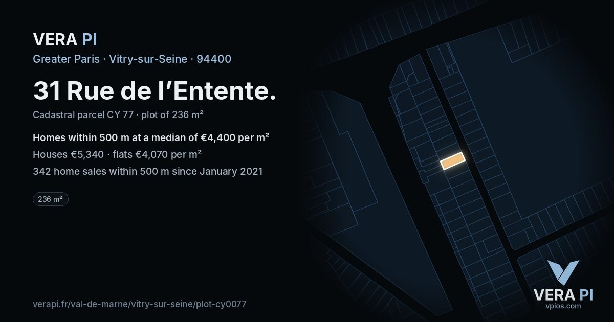 31 Rue de l’Entente, Vitry-sur-Seine at night – the plot lit, the parcels around coloured by the prices near them