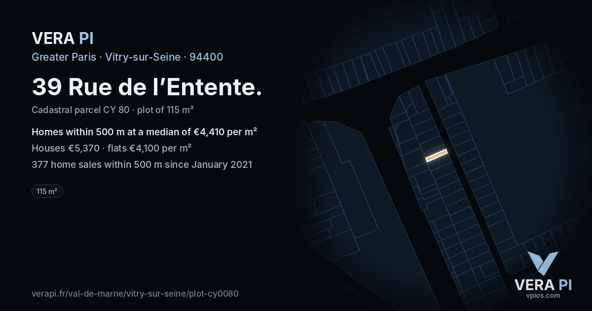 39 Rue de l’Entente, Vitry-sur-Seine at night – the plot lit, the parcels around coloured by the prices near them