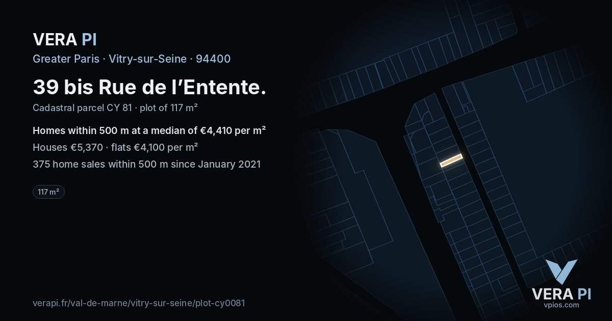 39 bis Rue de l’Entente, Vitry-sur-Seine at night – the plot lit, the parcels around coloured by the prices near them