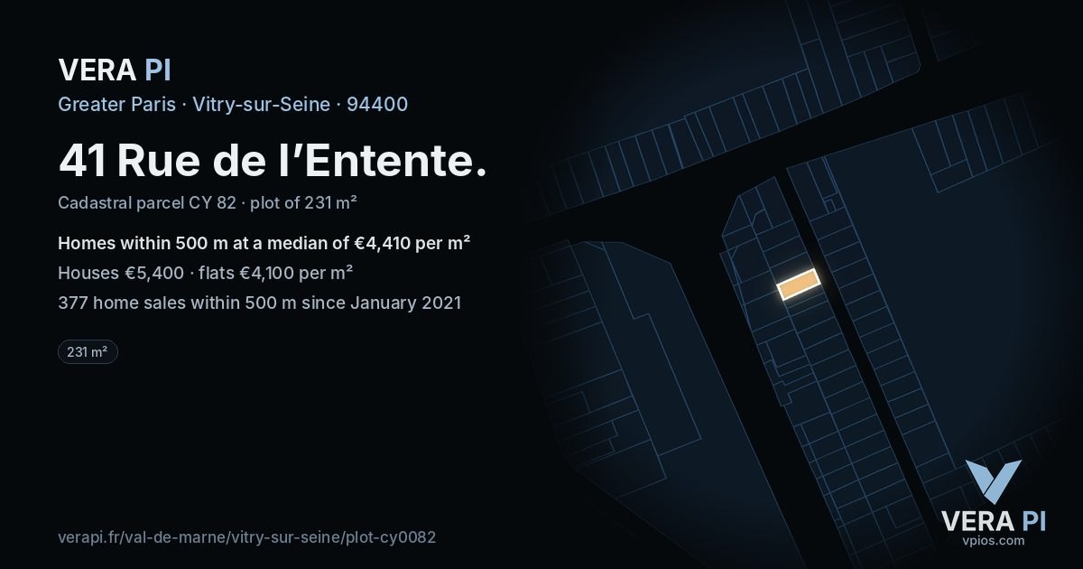 41 Rue de l’Entente, Vitry-sur-Seine at night – the plot lit, the parcels around coloured by the prices near them
