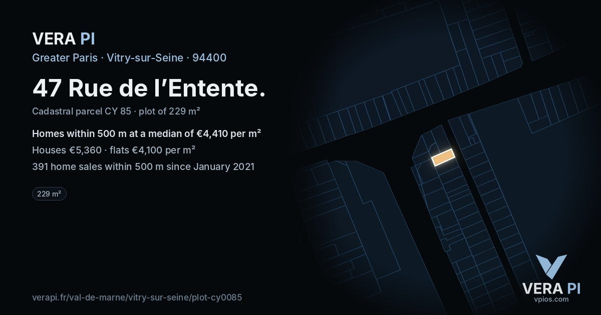 47 Rue de l’Entente, Vitry-sur-Seine at night – the plot lit, the parcels around coloured by the prices near them