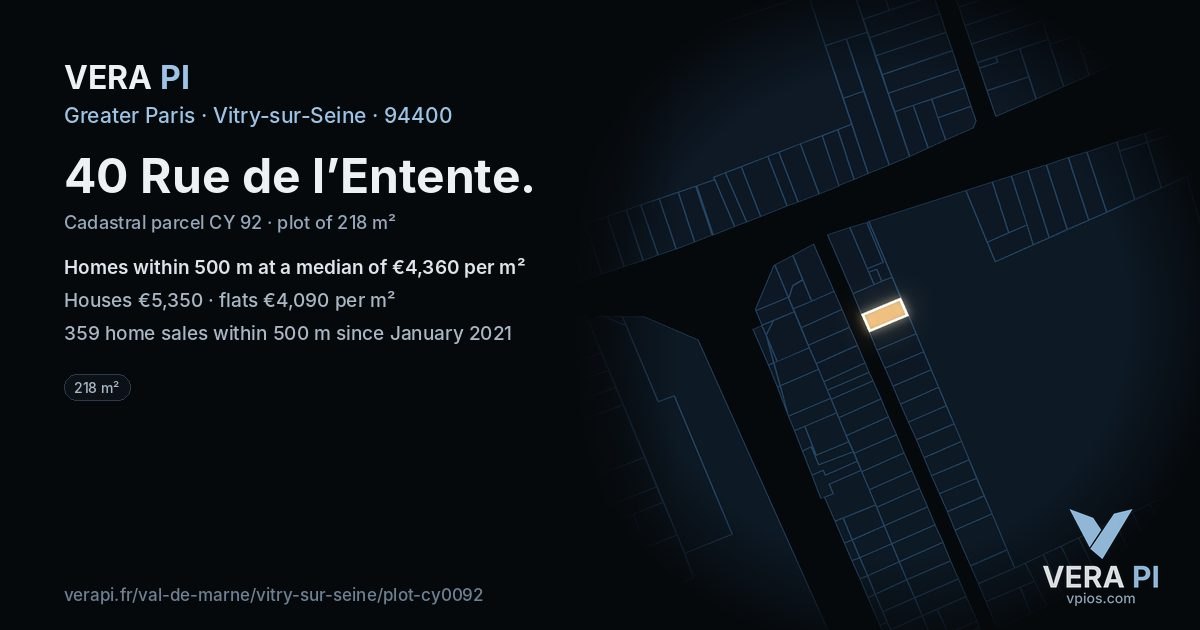 40 Rue de l’Entente, Vitry-sur-Seine at night – the plot lit, the parcels around coloured by the prices near them
