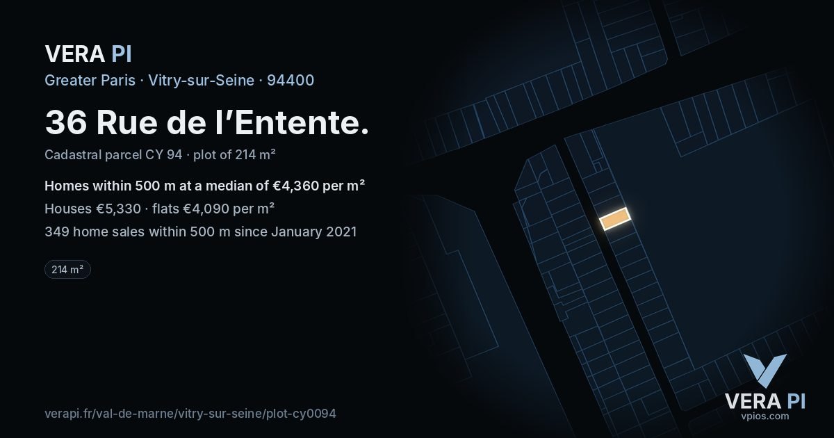 36 Rue de l’Entente, Vitry-sur-Seine at night – the plot lit, the parcels around coloured by the prices near them