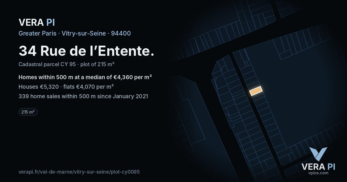 34 Rue de l’Entente, Vitry-sur-Seine at night – the plot lit, the parcels around coloured by the prices near them