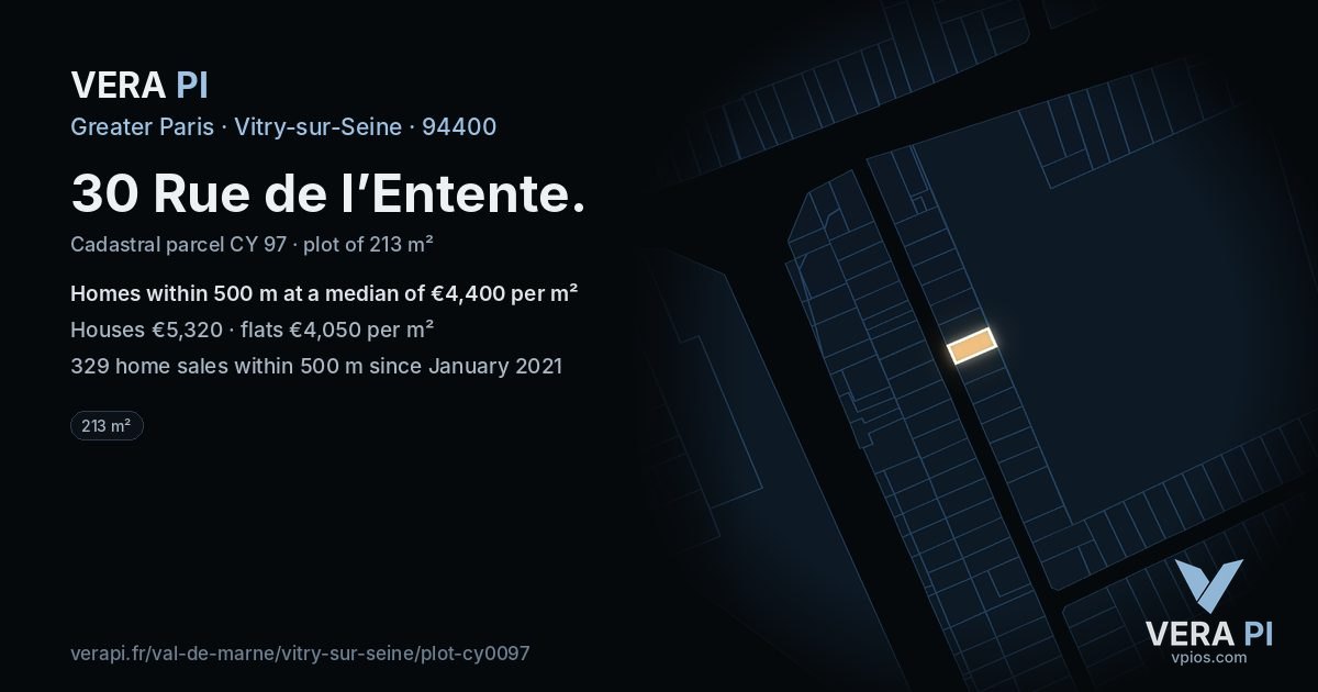 30 Rue de l’Entente, Vitry-sur-Seine at night – the plot lit, the parcels around coloured by the prices near them
