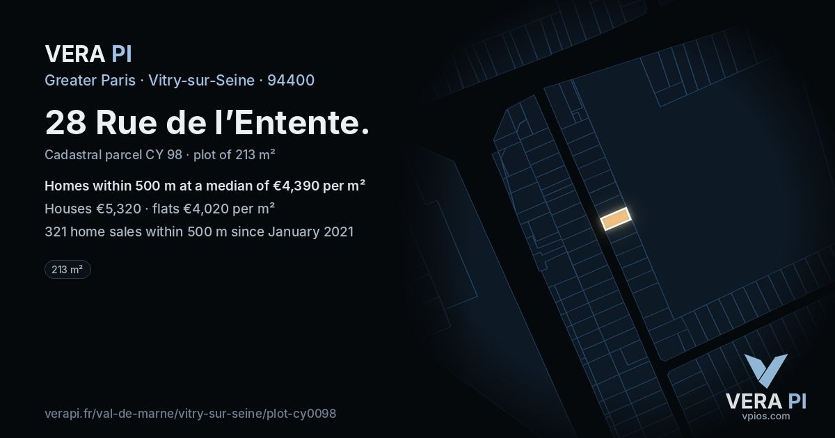 28 Rue de l’Entente, Vitry-sur-Seine at night – the plot lit, the parcels around coloured by the prices near them