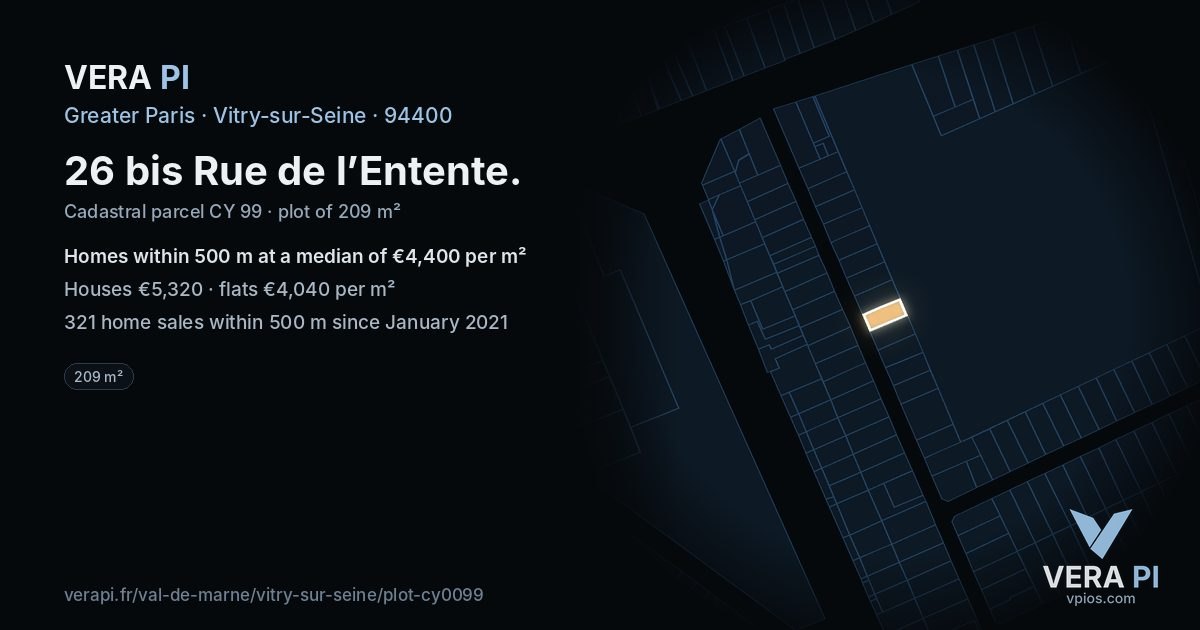26 bis Rue de l’Entente, Vitry-sur-Seine at night – the plot lit, the parcels around coloured by the prices near them