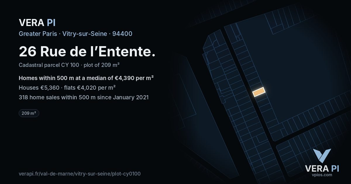 26 Rue de l’Entente, Vitry-sur-Seine at night – the plot lit, the parcels around coloured by the prices near them