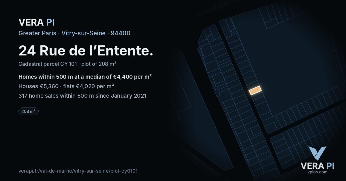 24 Rue de l’Entente, Vitry-sur-Seine at night – the plot lit, the parcels around coloured by the prices near them
