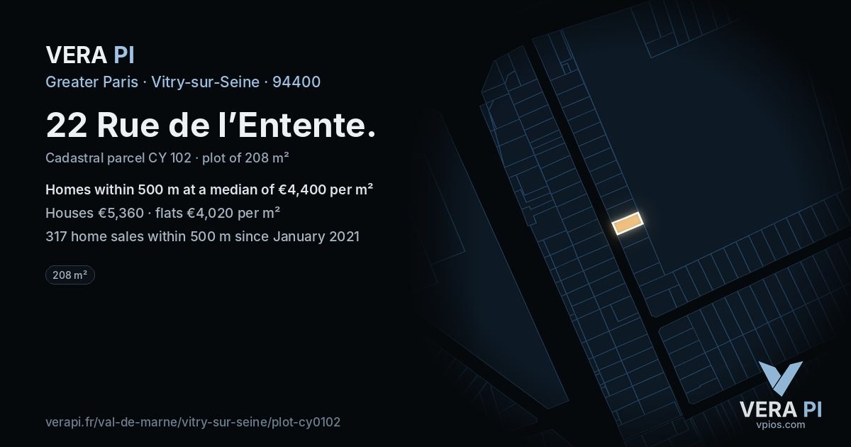 22 Rue de l’Entente, Vitry-sur-Seine at night – the plot lit, the parcels around coloured by the prices near them