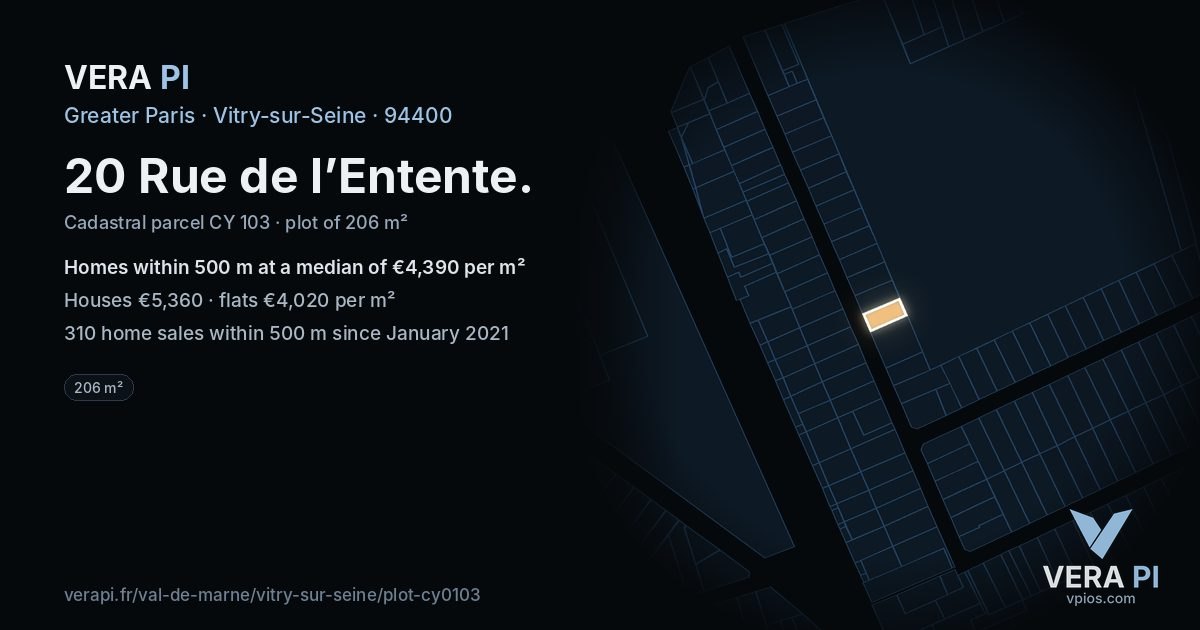 20 Rue de l’Entente, Vitry-sur-Seine at night – the plot lit, the parcels around coloured by the prices near them