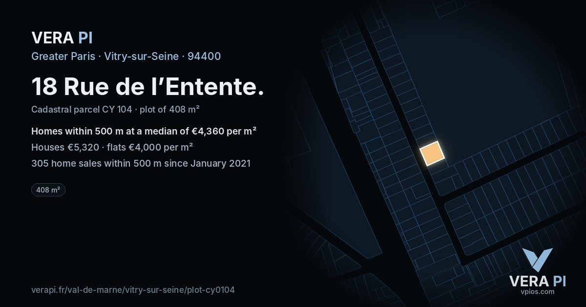 18 Rue de l’Entente, Vitry-sur-Seine at night – the plot lit, the parcels around coloured by the prices near them