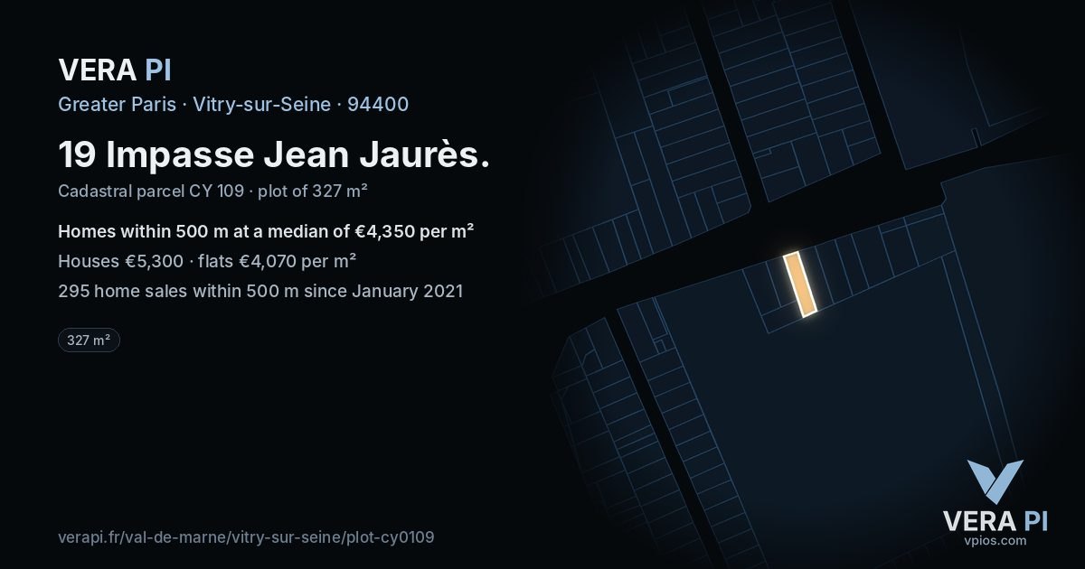 19 Impasse Jean Jaurès, Vitry-sur-Seine at night – the plot lit, the parcels around coloured by the prices near them