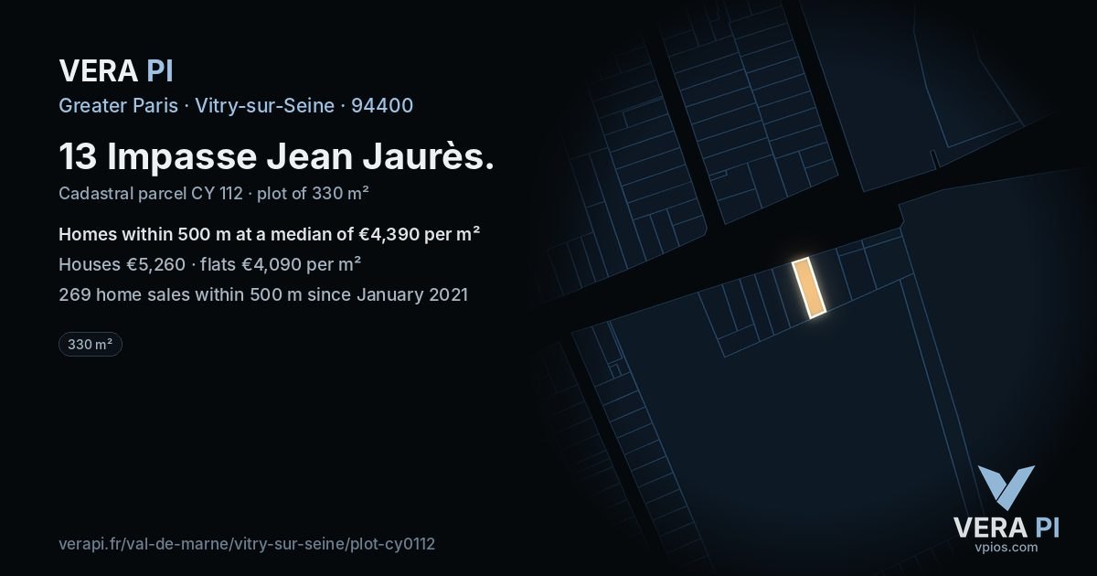 13 Impasse Jean Jaurès, Vitry-sur-Seine at night – the plot lit, the parcels around coloured by the prices near them