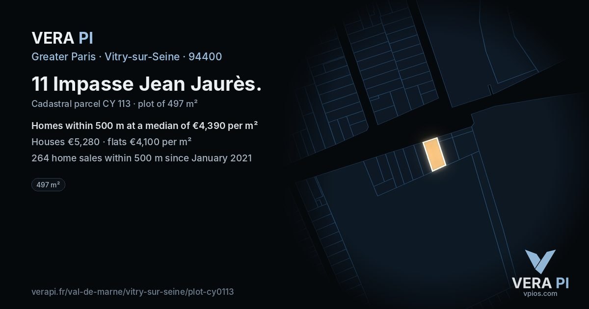 11 Impasse Jean Jaurès, Vitry-sur-Seine at night – the plot lit, the parcels around coloured by the prices near them
