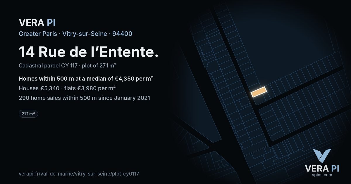14 Rue de l’Entente, Vitry-sur-Seine at night – the plot lit, the parcels around coloured by the prices near them
