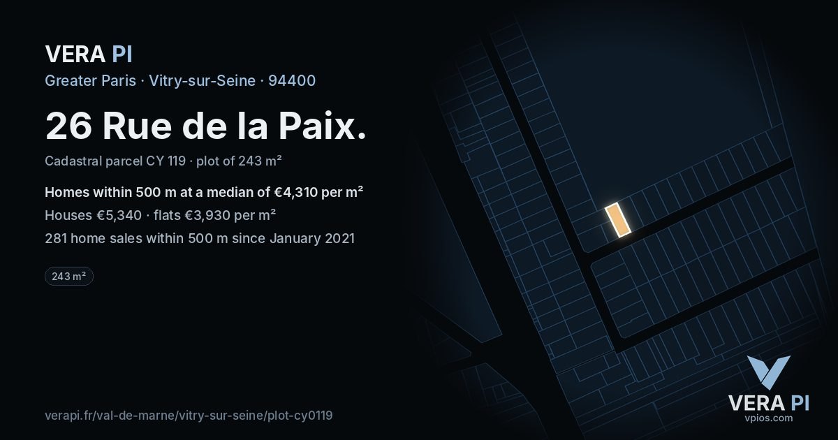 26 Rue de la Paix, Vitry-sur-Seine at night – the plot lit, the parcels around coloured by the prices near them