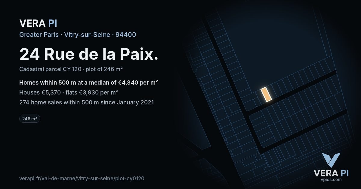 24 Rue de la Paix, Vitry-sur-Seine at night – the plot lit, the parcels around coloured by the prices near them