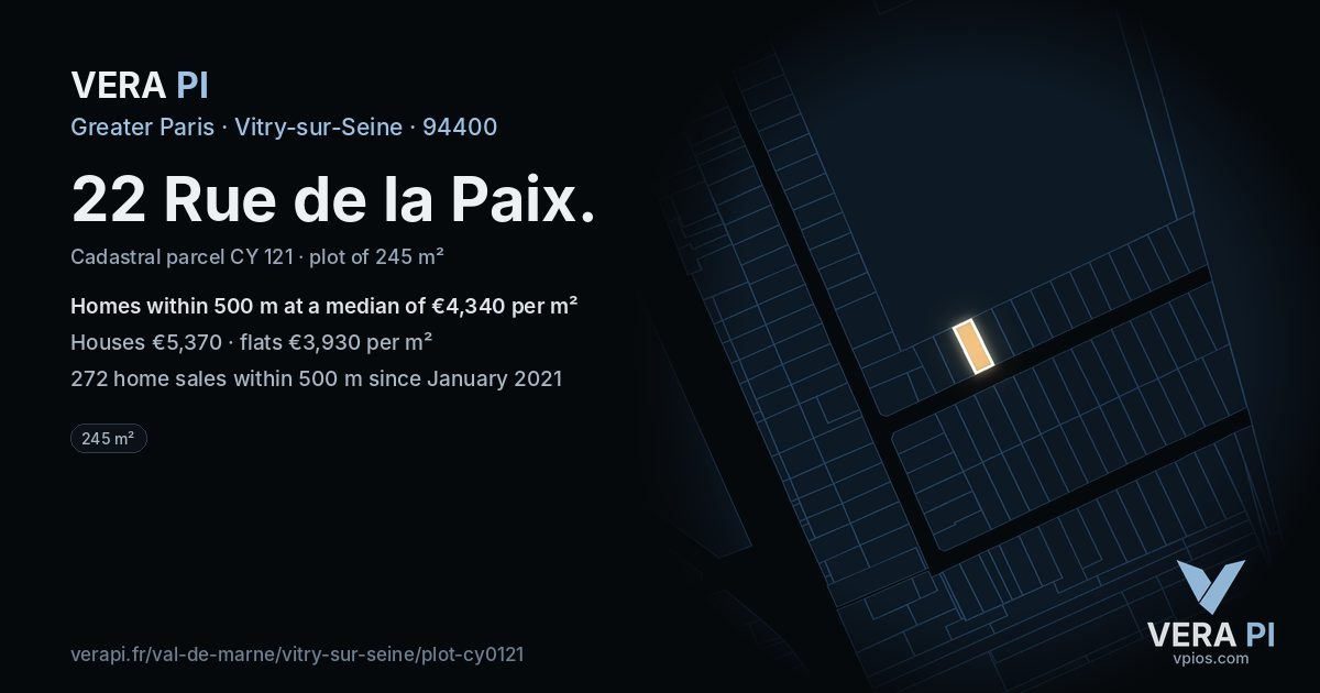 22 Rue de la Paix, Vitry-sur-Seine at night – the plot lit, the parcels around coloured by the prices near them