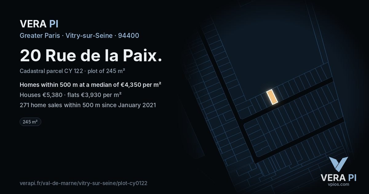 20 Rue de la Paix, Vitry-sur-Seine at night – the plot lit, the parcels around coloured by the prices near them