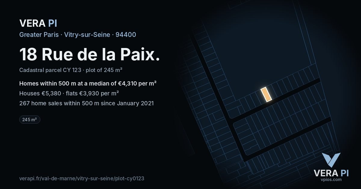 18 Rue de la Paix, Vitry-sur-Seine at night – the plot lit, the parcels around coloured by the prices near them
