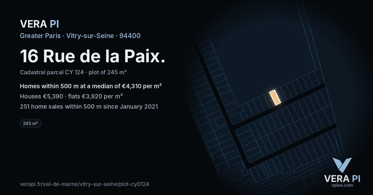16 Rue de la Paix, Vitry-sur-Seine at night – the plot lit, the parcels around coloured by the prices near them