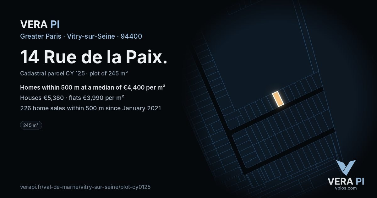 14 Rue de la Paix, Vitry-sur-Seine at night – the plot lit, the parcels around coloured by the prices near them