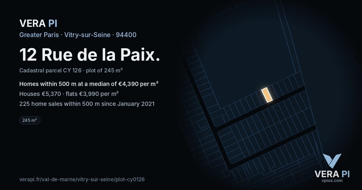 12 Rue de la Paix, Vitry-sur-Seine at night – the plot lit, the parcels around coloured by the prices near them