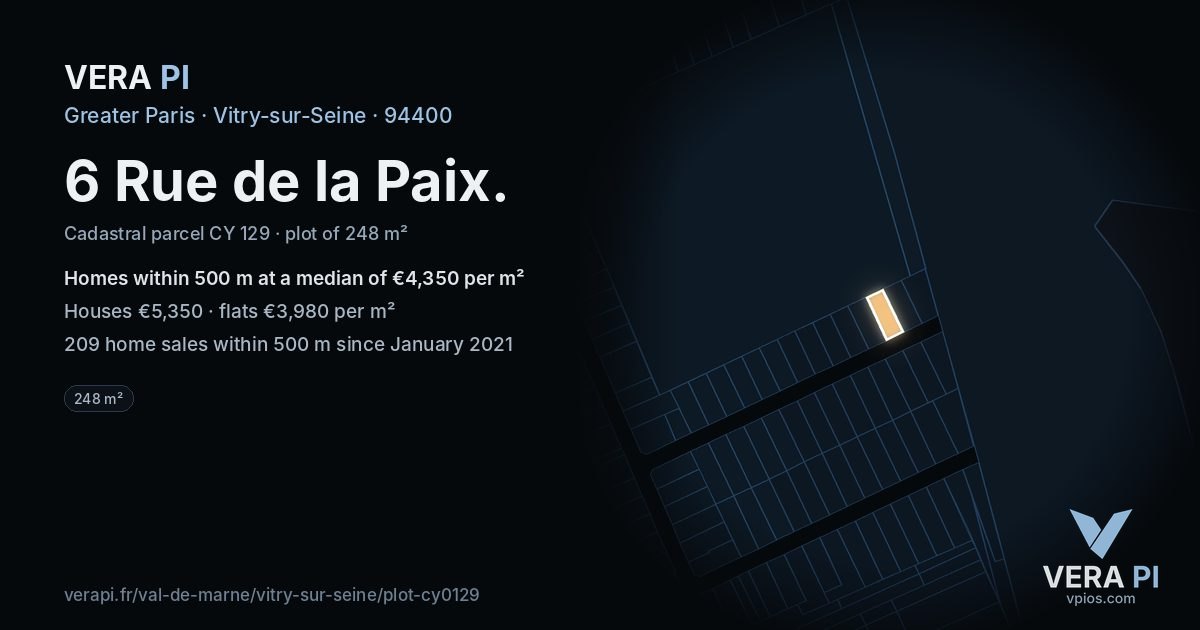 6 Rue de la Paix, Vitry-sur-Seine at night – the plot lit, the parcels around coloured by the prices near them
