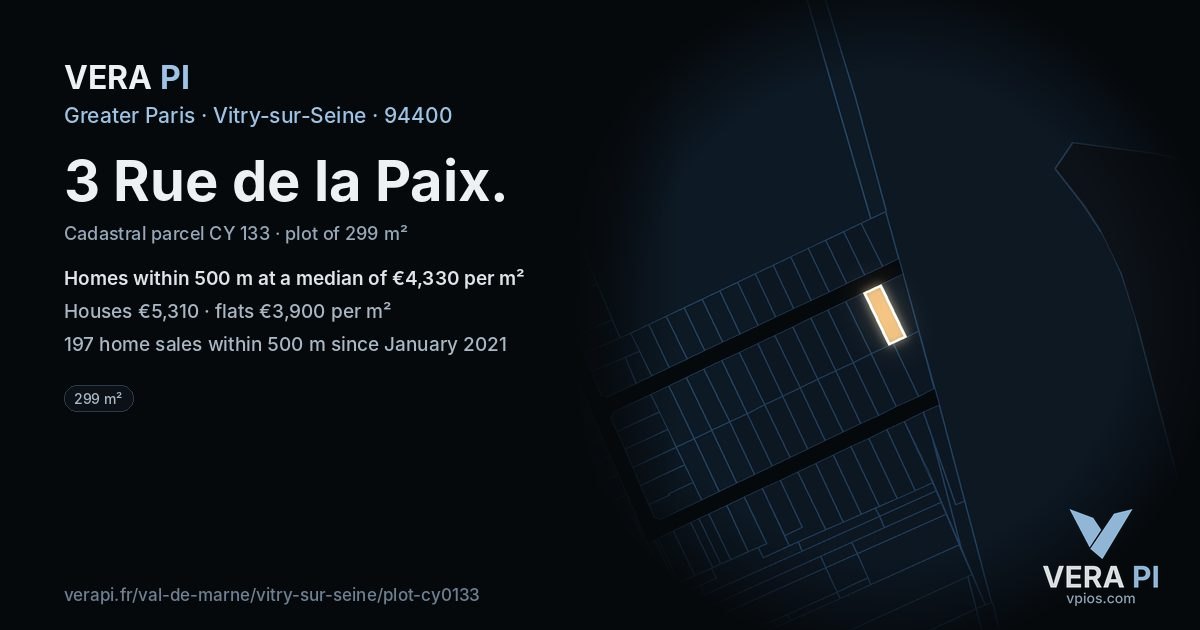 3 Rue de la Paix, Vitry-sur-Seine at night – the plot lit, the parcels around coloured by the prices near them