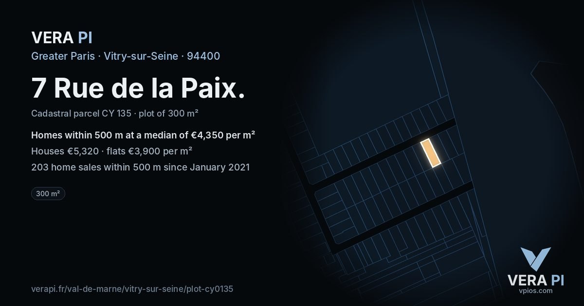 7 Rue de la Paix, Vitry-sur-Seine at night – the plot lit, the parcels around coloured by the prices near them