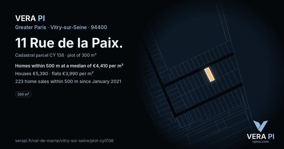 11 Rue de la Paix, Vitry-sur-Seine at night – the plot lit, the parcels around coloured by the prices near them