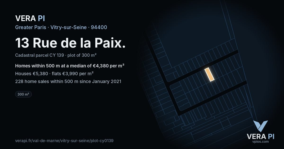 13 Rue de la Paix, Vitry-sur-Seine at night – the plot lit, the parcels around coloured by the prices near them