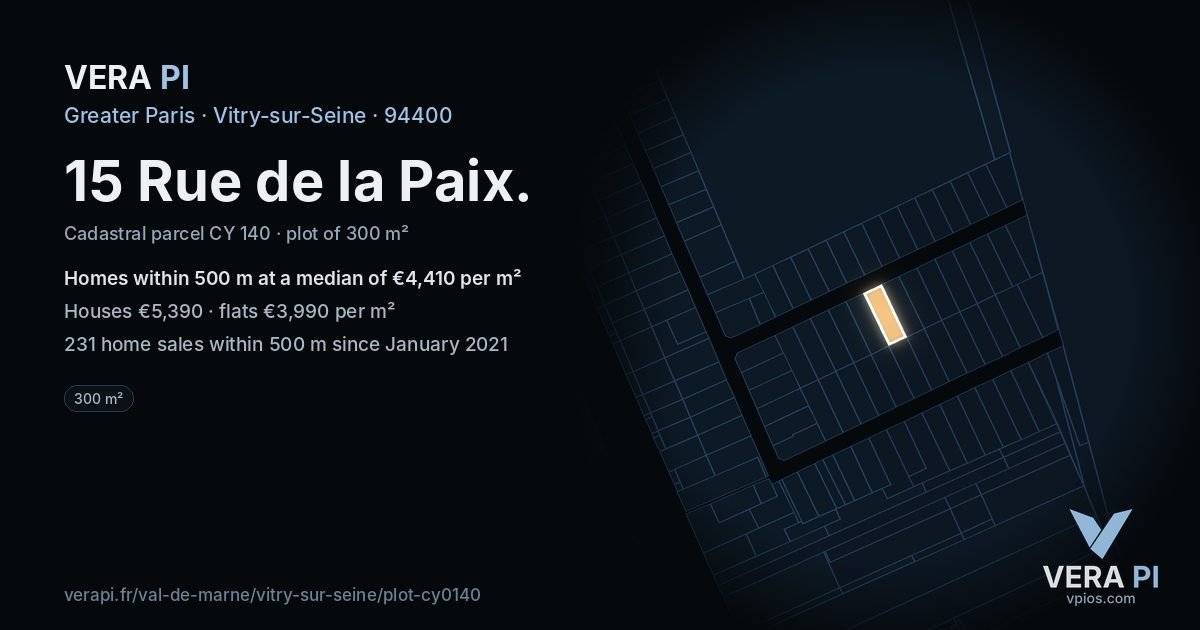 15 Rue de la Paix, Vitry-sur-Seine at night – the plot lit, the parcels around coloured by the prices near them