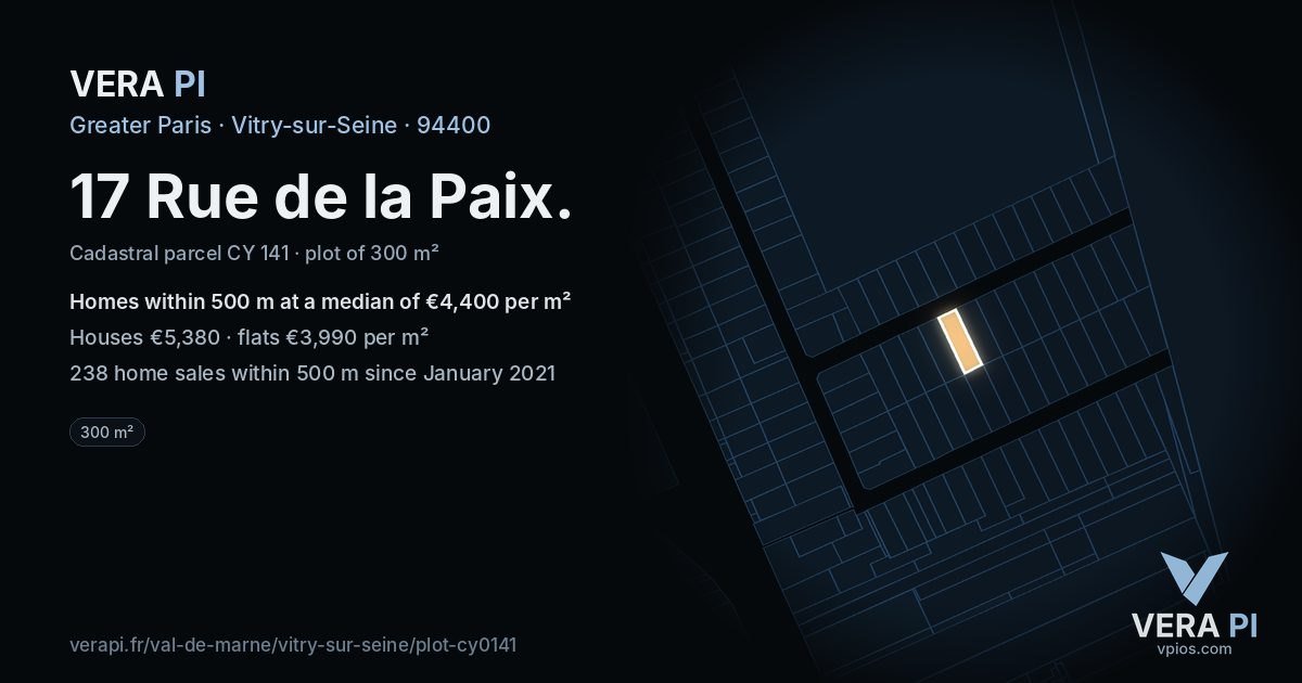 17 Rue de la Paix, Vitry-sur-Seine at night – the plot lit, the parcels around coloured by the prices near them