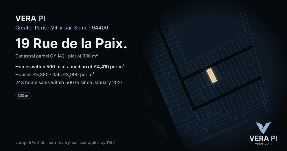 19 Rue de la Paix, Vitry-sur-Seine at night – the plot lit, the parcels around coloured by the prices near them