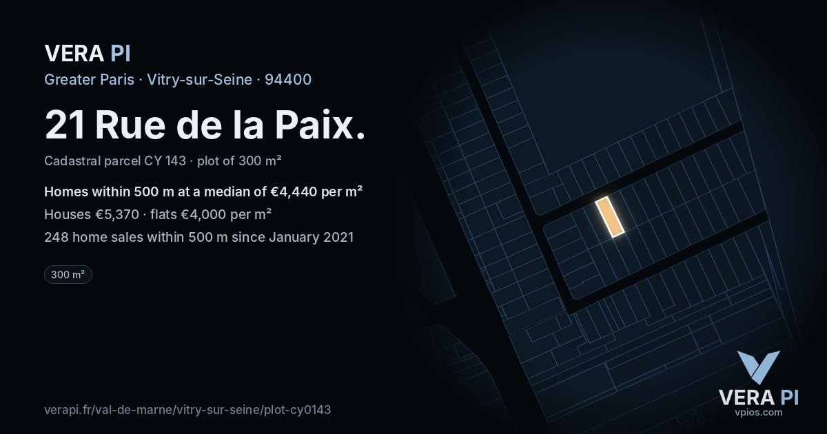 21 Rue de la Paix, Vitry-sur-Seine at night – the plot lit, the parcels around coloured by the prices near them