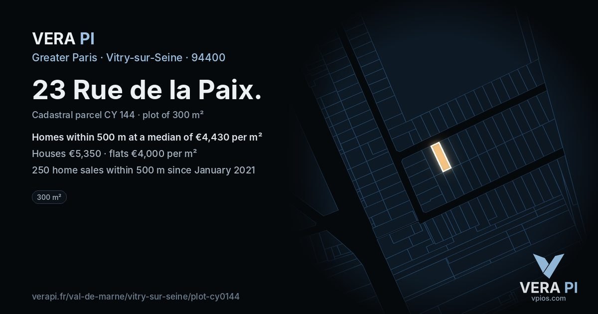 23 Rue de la Paix, Vitry-sur-Seine at night – the plot lit, the parcels around coloured by the prices near them