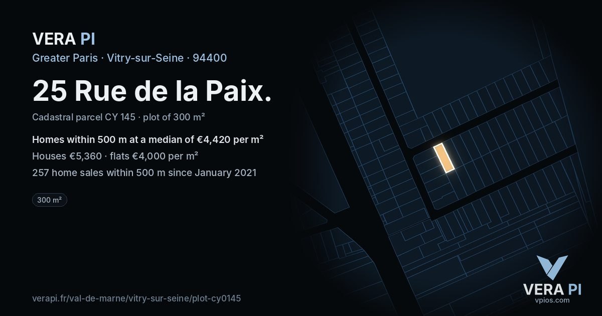 25 Rue de la Paix, Vitry-sur-Seine at night – the plot lit, the parcels around coloured by the prices near them