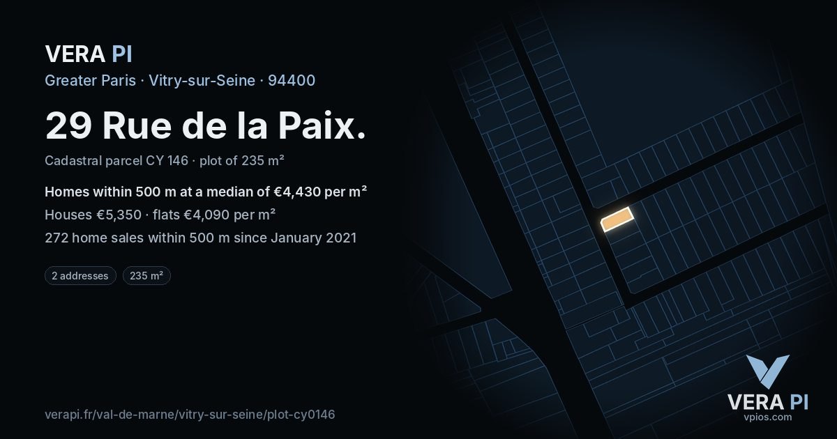 29 Rue de la Paix, Vitry-sur-Seine at night – the plot lit, the parcels around coloured by the prices near them