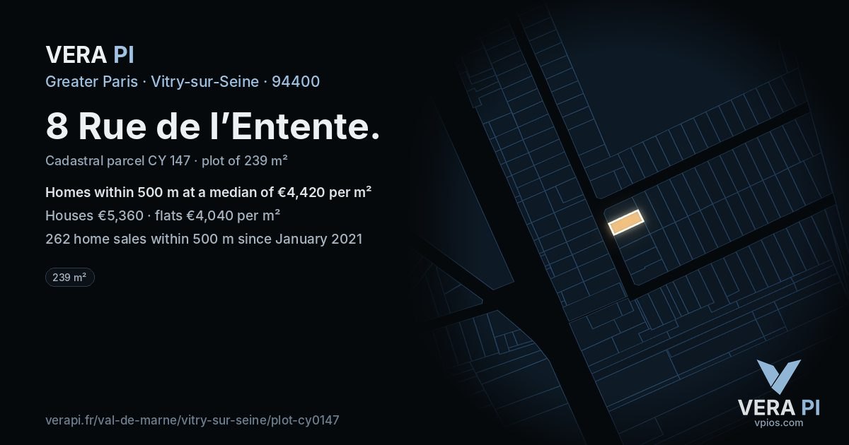 8 Rue de l’Entente, Vitry-sur-Seine at night – the plot lit, the parcels around coloured by the prices near them