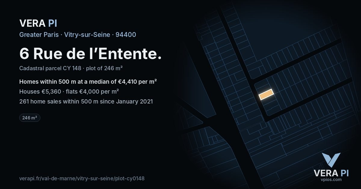6 Rue de l’Entente, Vitry-sur-Seine at night – the plot lit, the parcels around coloured by the prices near them