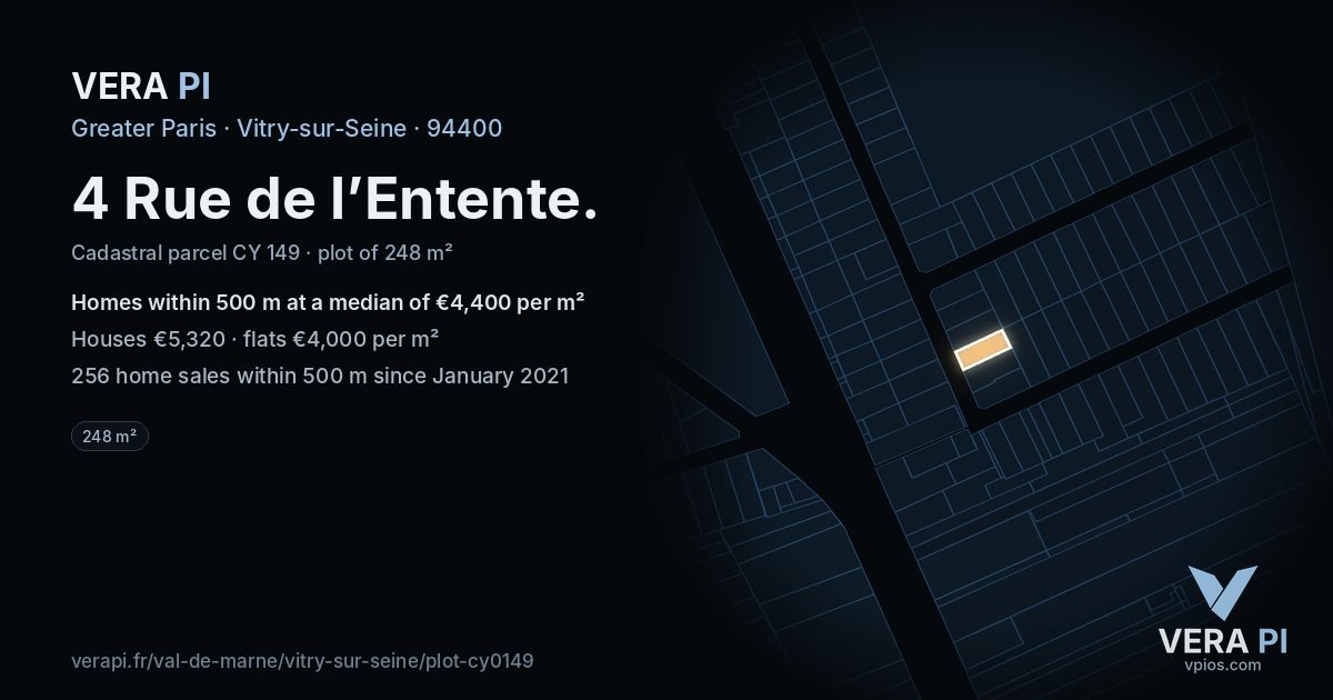 4 Rue de l’Entente, Vitry-sur-Seine at night – the plot lit, the parcels around coloured by the prices near them